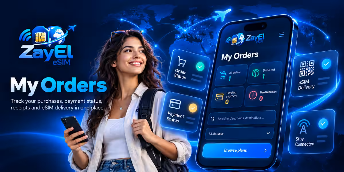 Traveler holding her phone alongside a ZayEl My Orders illustration